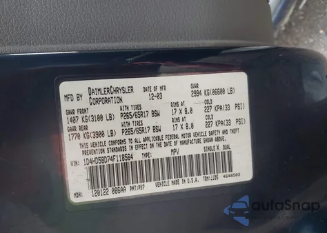 2004 Dodge Durango Limited z USA, uszkodzony, nr VIN 1D4HD58D74F118564